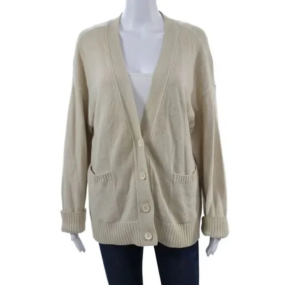 525 Unisex Cardigan V-Neck Button 100% Cotton Beige Long Sleeve Size M - Picture 1 of 6